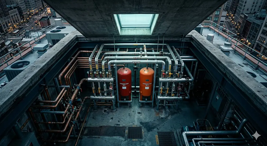 Hotel mechanical room showing hot water recirculation piping system subject to NJ S2188 Legionella compliance requirements