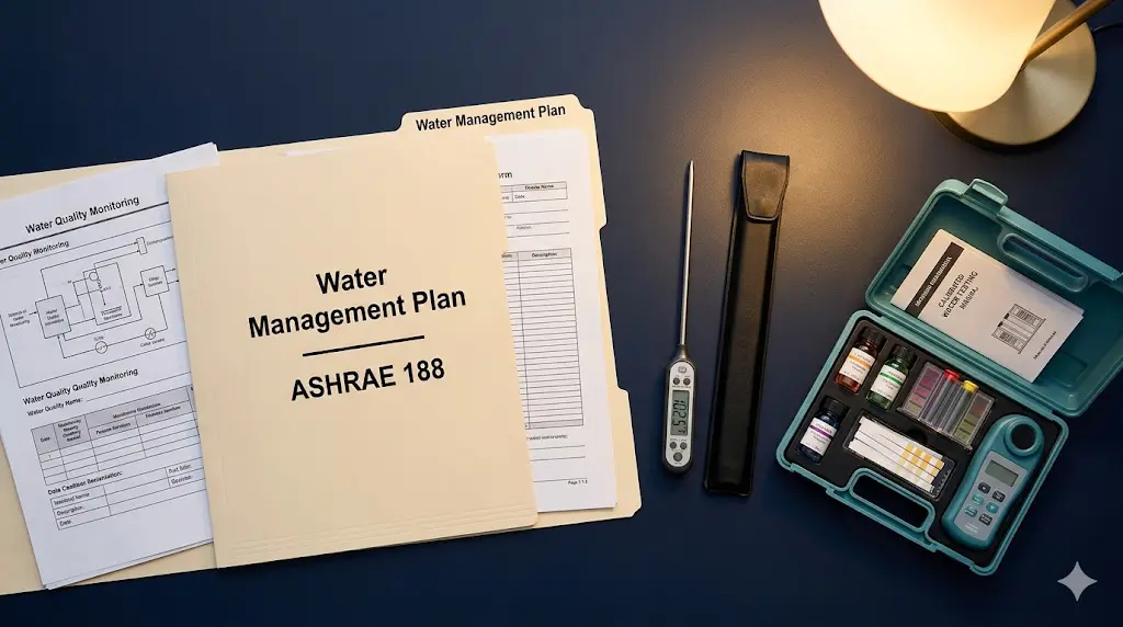 ASHRAE 188 Water Management Plan compliance documentation alongside water testing equipment for NJ S2188 hotel requirements
