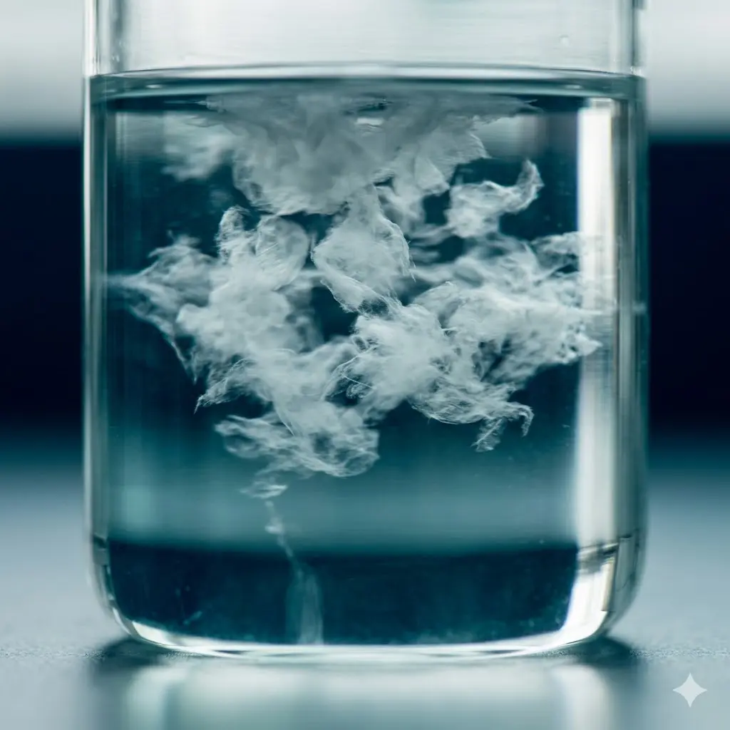 Polymer flocculant forming visible flocs in wastewater jar test beaker used in coagulant flocculant selection