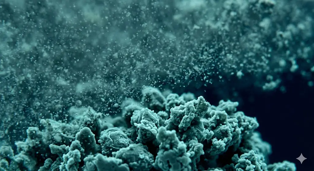 Close-up of sludge flocculation showing fine particles bridging into dense floc structure during polymer conditioning