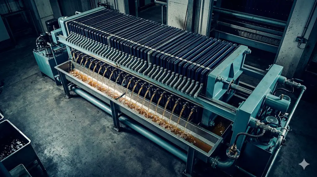 : Industrial filter press in full operation with filter plates compressed and filtrate draining, representing polymer for filter press dewatering
