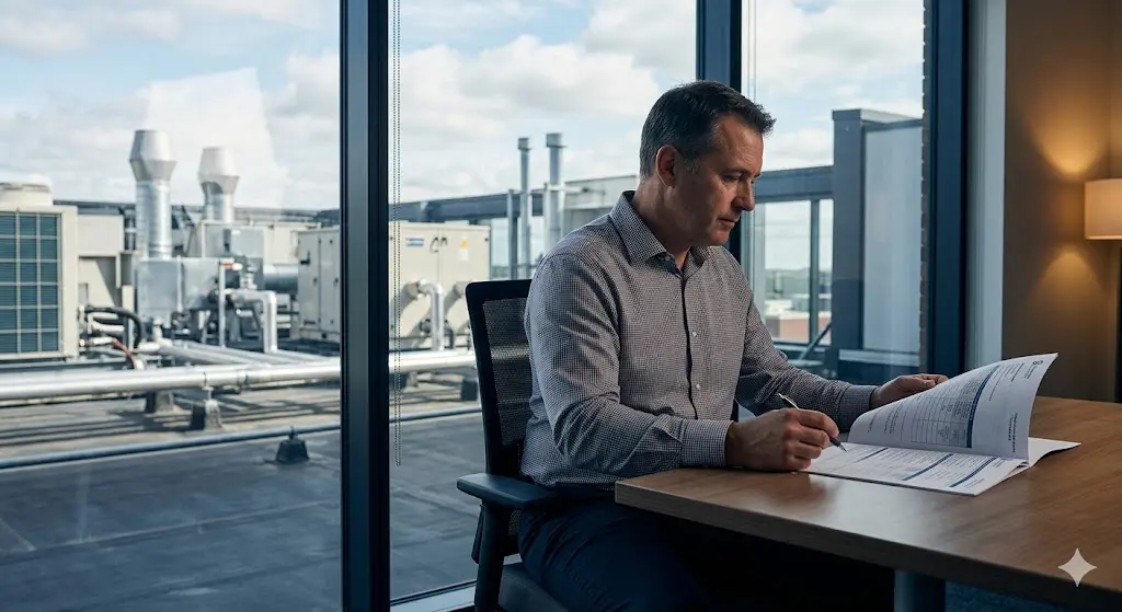 Facility manager reviewing a Water Management Plan document at desk with mechanical facility visible in background