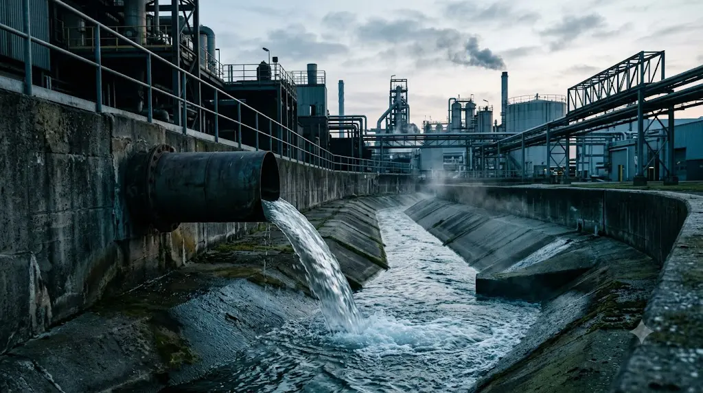 Industrial wastewater discharge outfall releasing treated water at a manufacturing facility