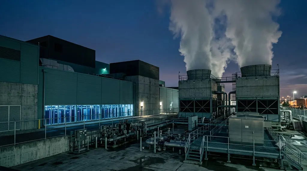 Data center cooling towers with condensing steam plumes at dusk — water treatment for uptime protection