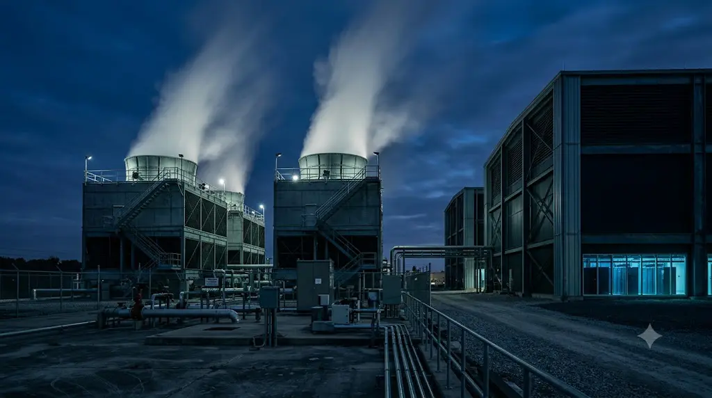 Data center cooling towers with condensing steam at dusk — water treatment for uptime protection