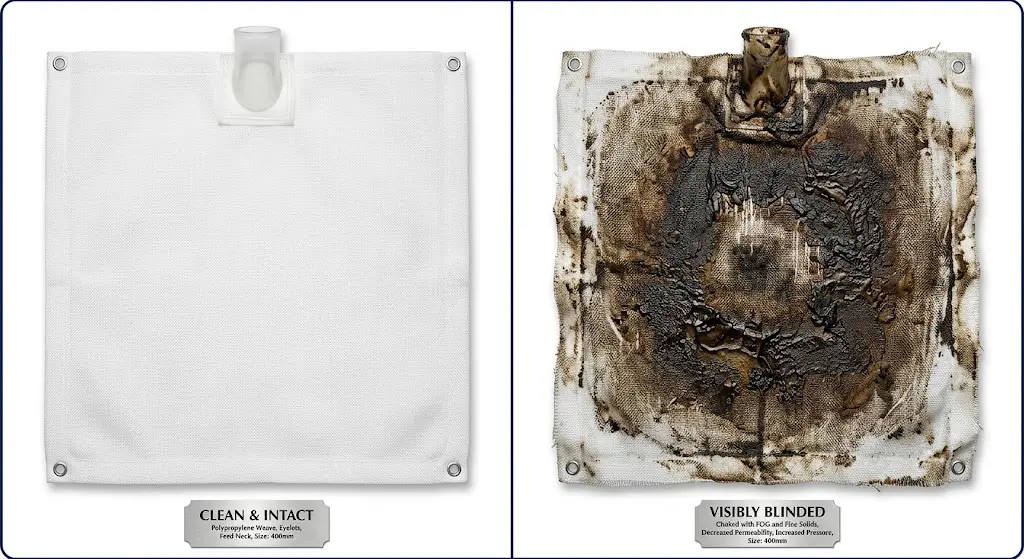 Filter press cloth comparison — clean cloth vs blinded cloth showing residue buildup
