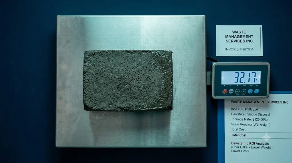 Industrial scale weighing dewatered filter press cake beside disposal cost invoice — filter press ROI calculation