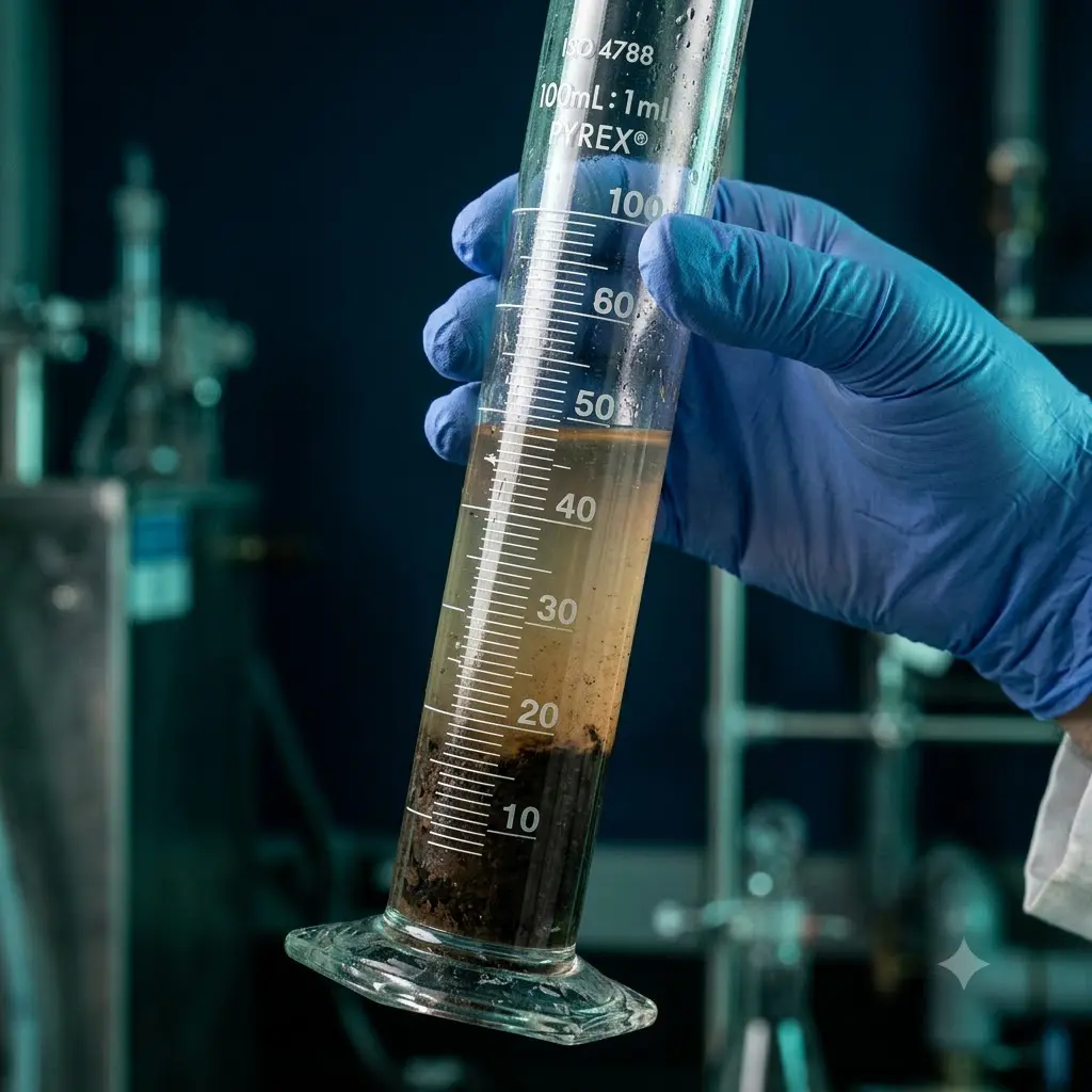 Graduated cylinder with sludge slurry sample showing solids settling — filter press feed solids content evaluation