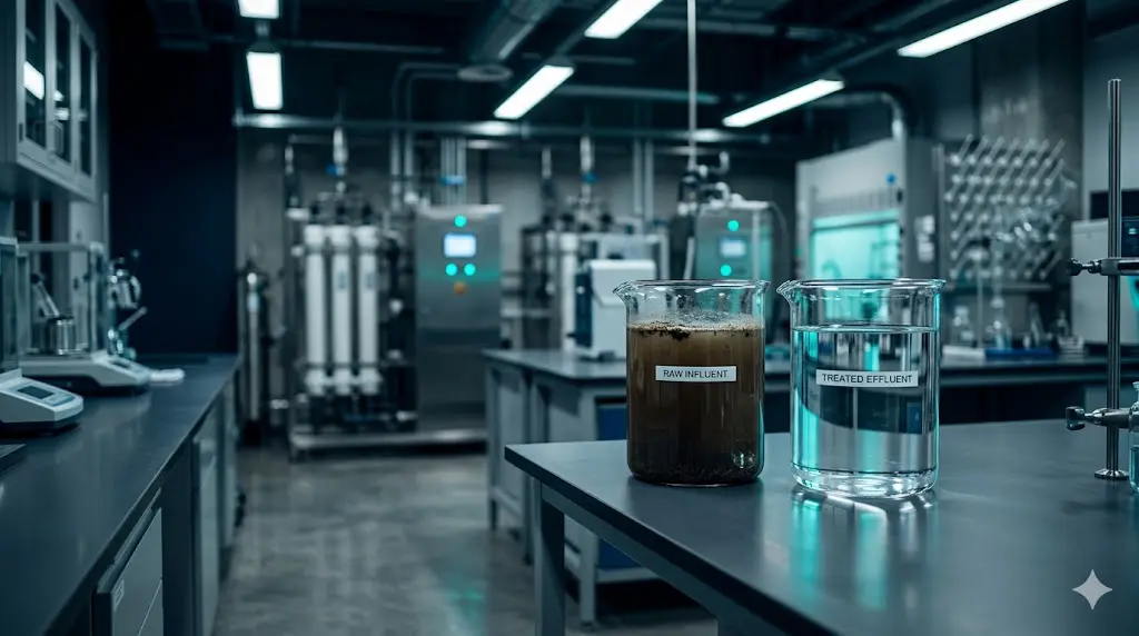 Industrial wastewater analysis lab showing before and after treatment samples at a ChemREADY testing facility