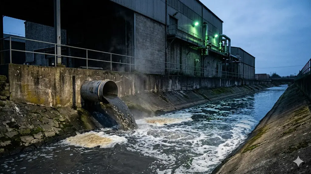 Industrial facility discharge point with discolored effluent entering concrete channel — POTW surcharge risk