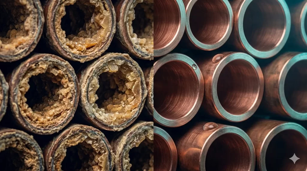 Close-up comparison of scaled versus clean heat exchanger surface inside a cooling tower