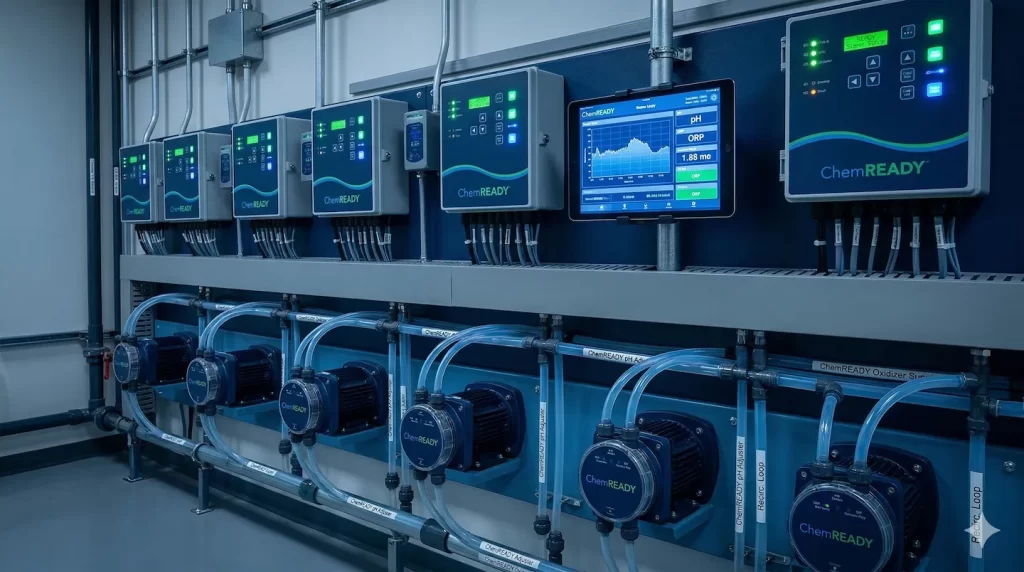 Chemical feed controller station with automation panel, LED status indicators, and real-time water monitoring display in a mechanical room
