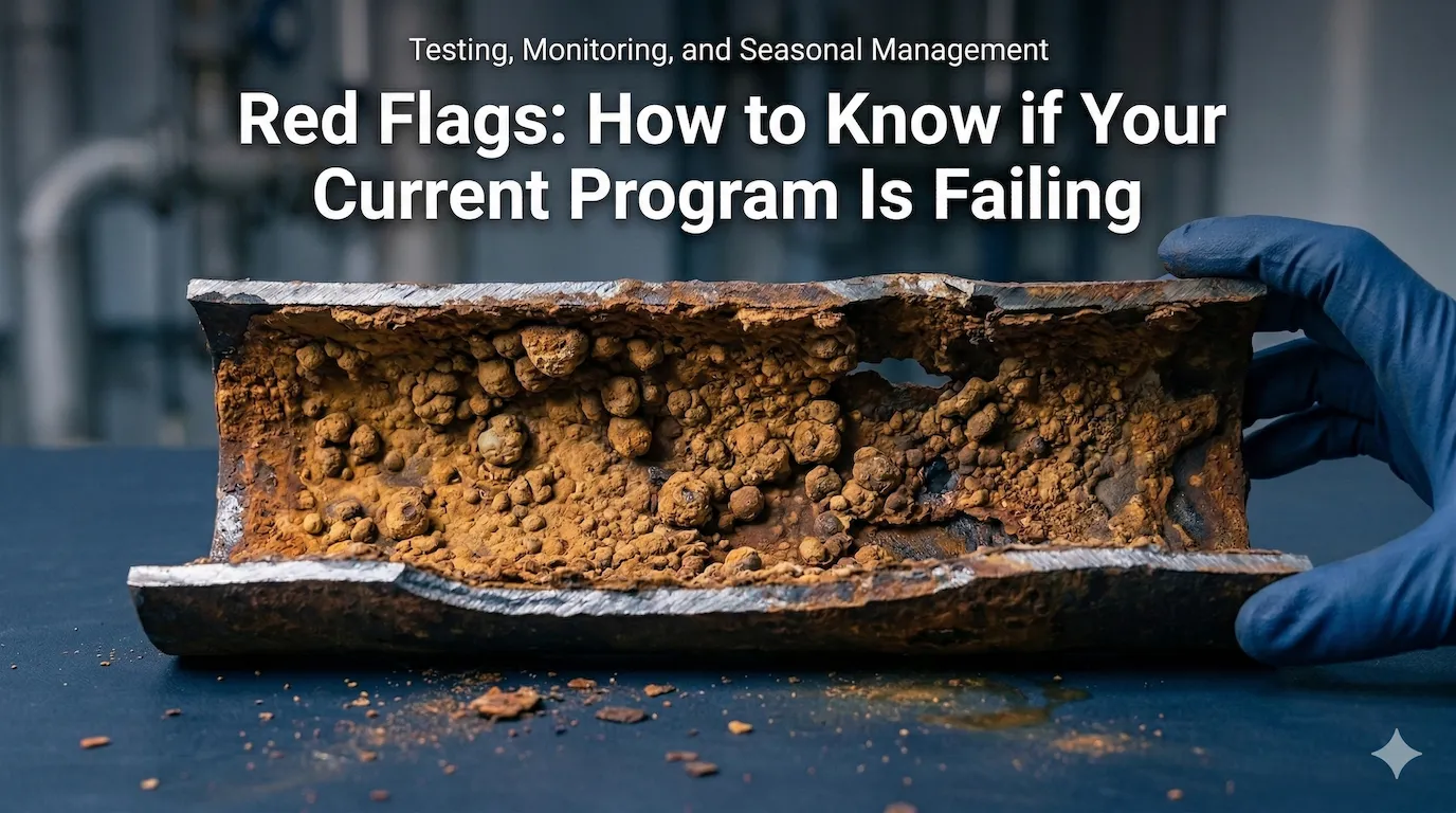 Severely corroded industrial pipe cut open showing internal pitting, tuberculation, and wall thinning from inadequate cooling tower water treatment