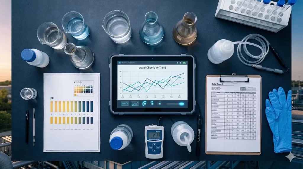 Water testing equipment flat-lay with beakers, pH meter, conductivity probe, and tablet showing cooling tower chemistry trend data