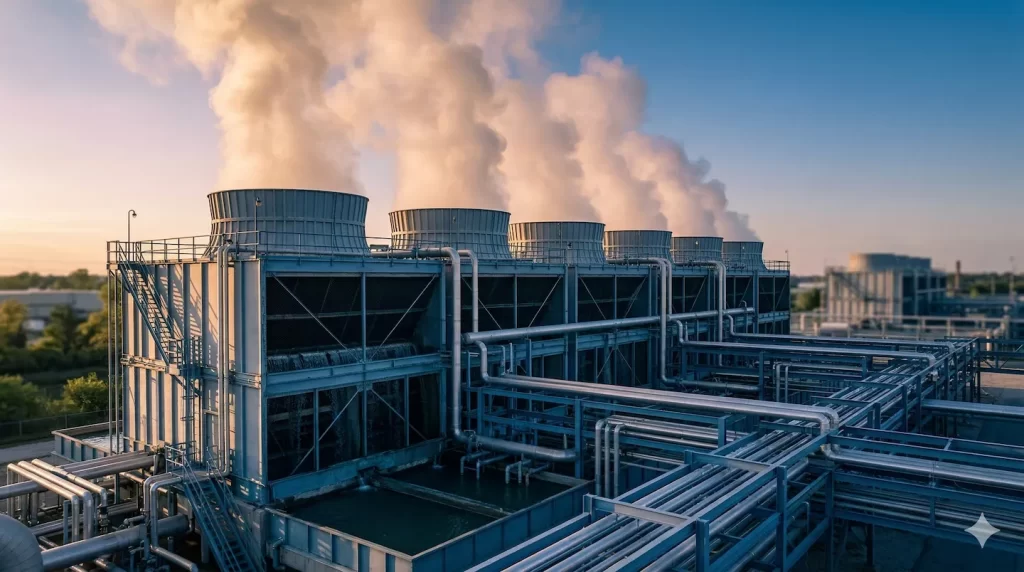 Industrial cooling tower with steam plumes rising at golden hour at a manufacturing facility