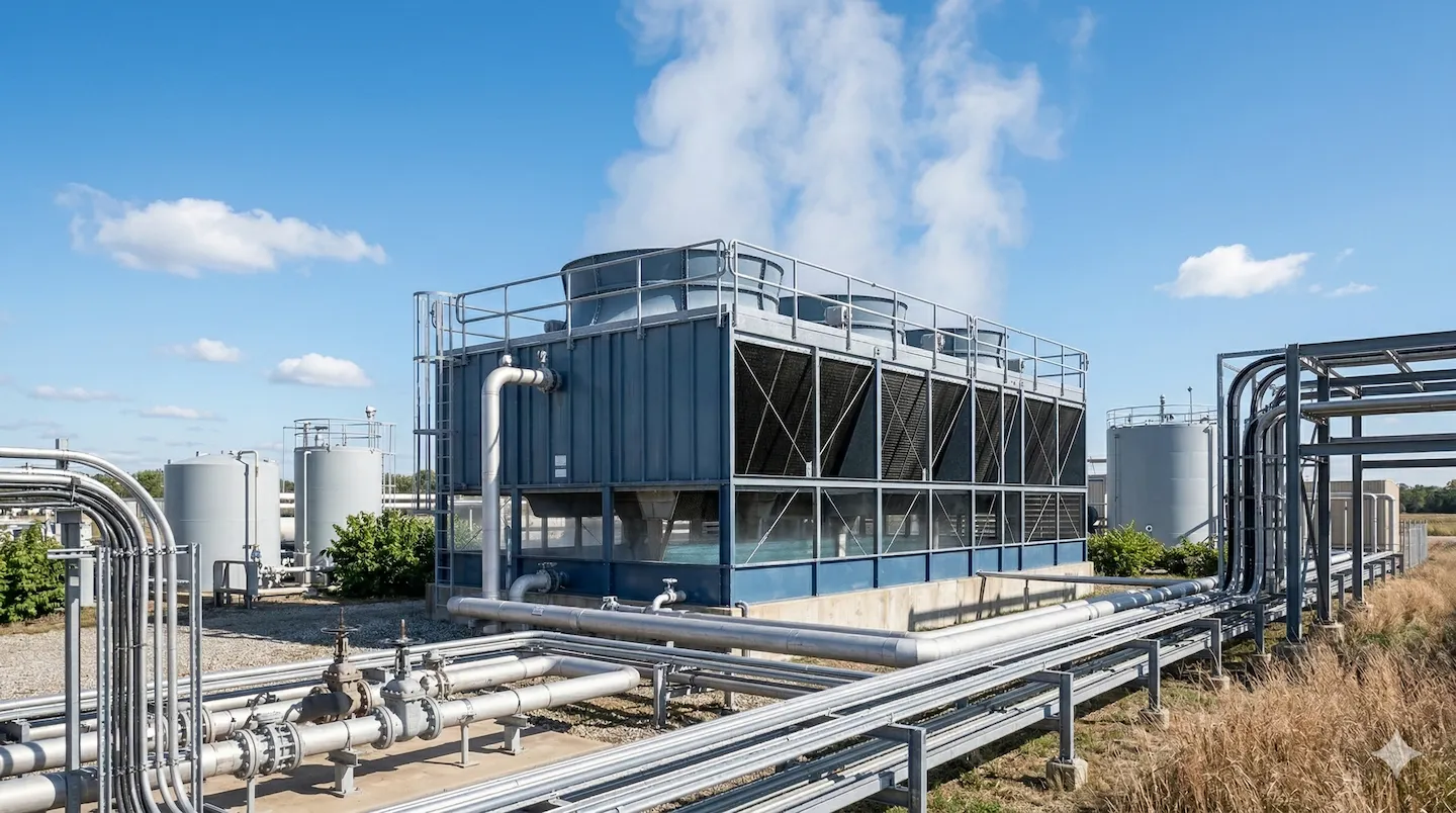Clean, well-maintained cooling tower operating under clear blue sky with organized piping and steam plumes